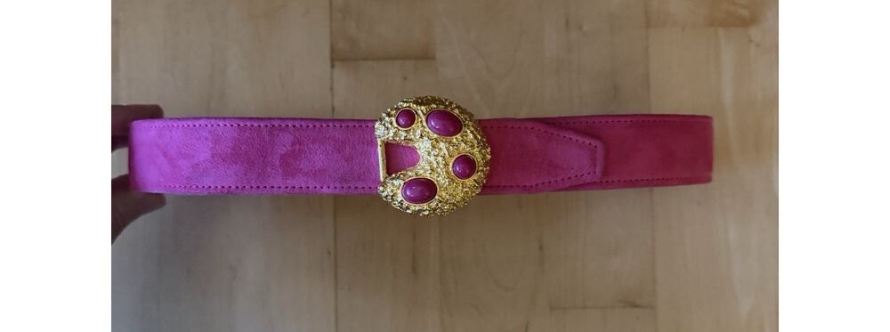 VTG carlisle suede leather belt Pink Gold Gem Buckle Small Funky Retro Art